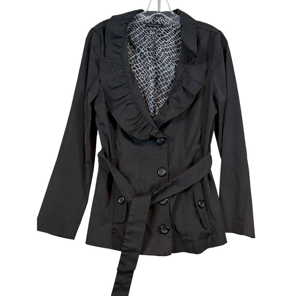Courtenay Womens Black Ruffle Collar Belted Jacket Animal Print Lining Pics 4 Sz